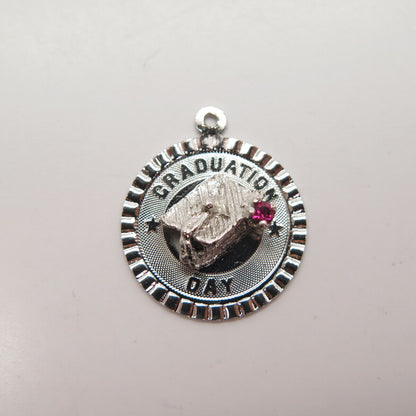 925 Sterling Silver Vintage Pink C Z "Graduation Day" Academic Cap Pendant