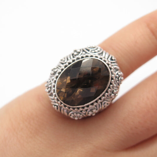 925 Sterling Silver Vintage Sarda Real Smoky Quartz Ornate Ring Size 4.75