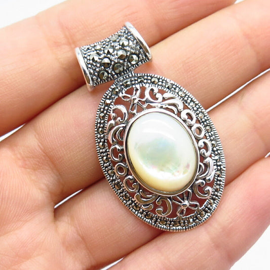 925 Sterling Silver Vintage Real Mother-of-Pearl & Marcasite Gem Slide Pendant