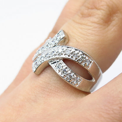 925 Sterling Silver Pave C Z Modernist Ring Size 6