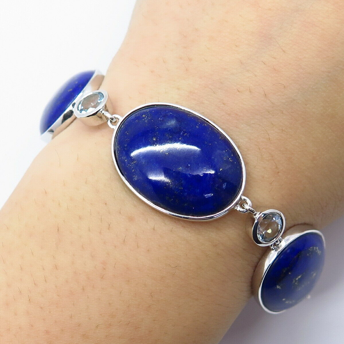 925 Sterling Silver Real Lapis Lazuli & Blue Topaz Gem Tennis Link Bracelet 7"