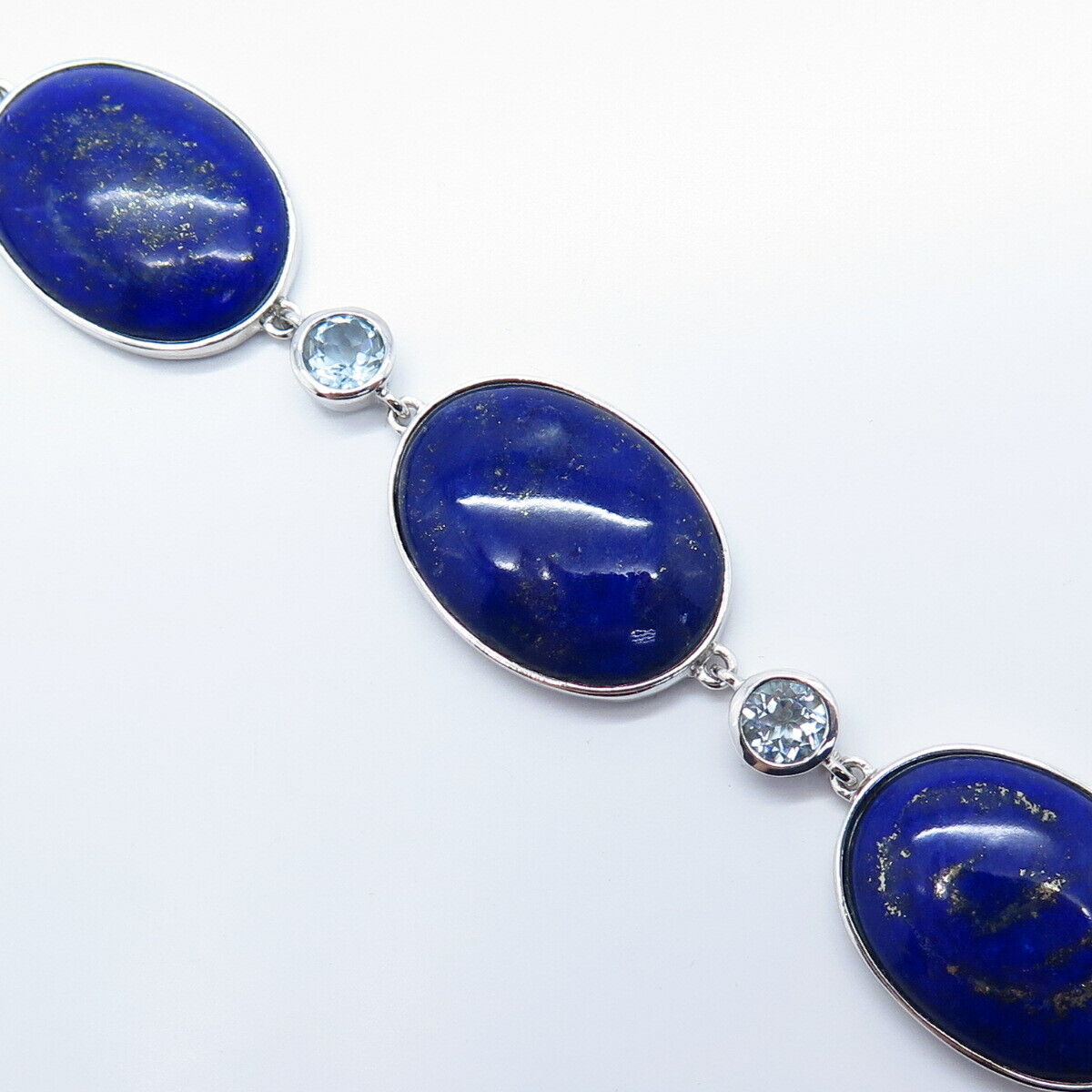 925 Sterling Silver Real Lapis Lazuli & Blue Topaz Gem Tennis Link Bracelet 7"