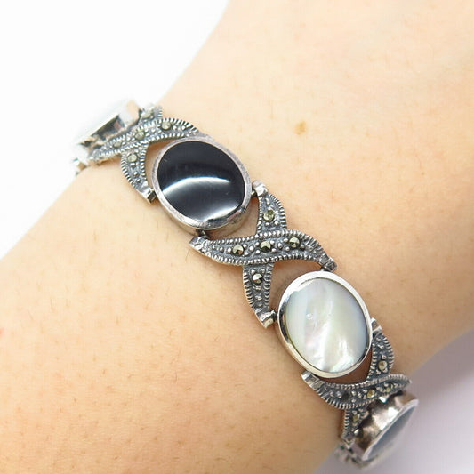 925 Sterling Silver Vintage MOP Black Onyx & Marcasite Gem Link Bracelet 7"