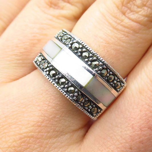 925 Sterling Silver Vintage Real Mother-of-Pearl & Marcasite Gem Ring Size 7.5