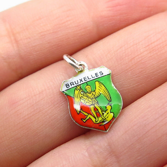 835 Silver Vintage Colorful Enamel "Bruxelles/ Brussels" Coat of Arms Pendant