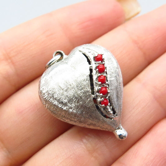 925 Sterling Silver Vintage Real Coral & Glass Striped Puffy Heart Pendant