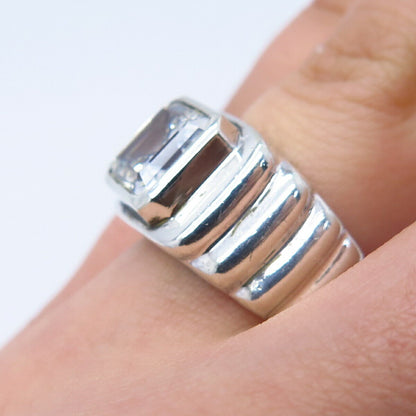 925 Sterling Silver Vintage Princess-Cut C Z Ribbed Ring Size 5.75