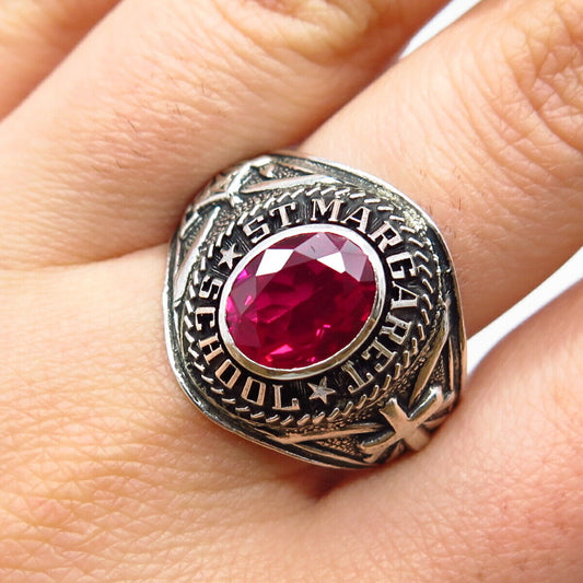 925 Sterling Silver Vintage Lab-Created Ruby St. Margaret School Ring Size 10.25