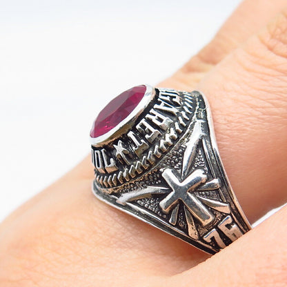 925 Sterling Silver Vintage Lab-Created Ruby St. Margaret School Ring Size 10.25