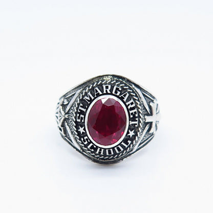 925 Sterling Silver Vintage Lab-Created Ruby St. Margaret School Ring Size 10.25