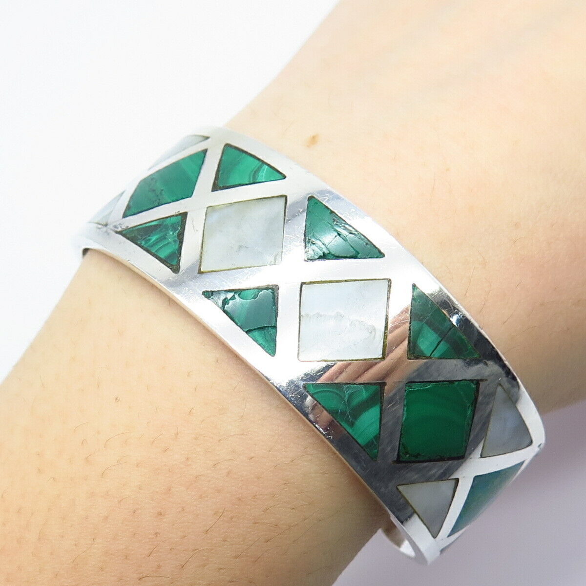 925 Sterling Silver Vintage Mexico MOP & Malachite Gem Wide Cuff Bracelet 6.5"