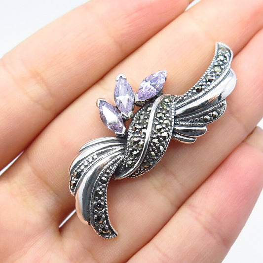 925 Sterling Silver Vintage Real Marcasite Gem & Amethyst-Tone C Z Pin Brooch