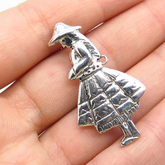 925 Sterling Silver Vintage Industria Peruana Lady Tribal Pin Brooch