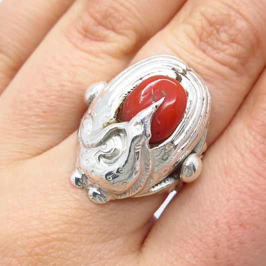925 Sterling Silver Antique Real Coral Bird Ring Size 6.75