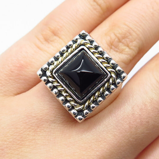 925 Sterling Silver 2-Tone Vintage Italy Real Black Onyx Gemstone Ring Size 6.75