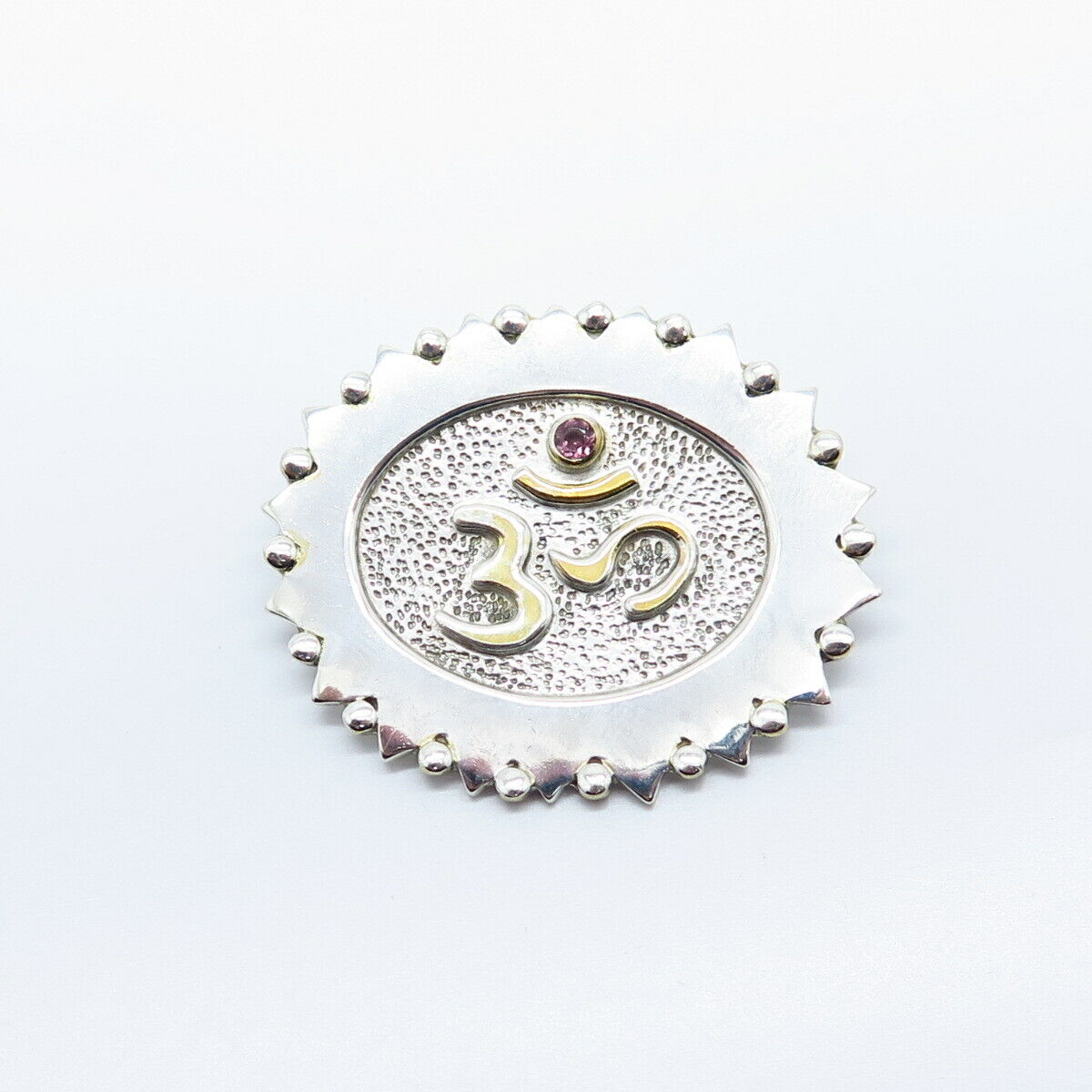 925 Sterling Silver Vintage Real Amethyst Gemstone Om Mantra Slide Pendant