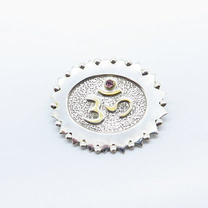 925 Sterling Silver Vintage Real Amethyst Gemstone Om Mantra Slide Pendant