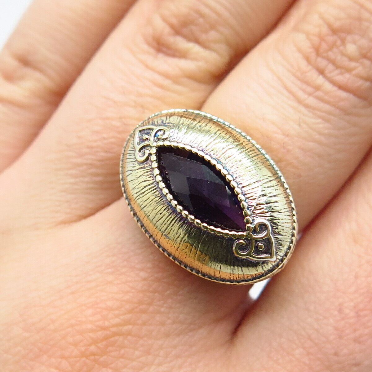 925 Sterling Silver Gold Plated Vintage Real Amethyst Gemstone Domed Ring Size 7