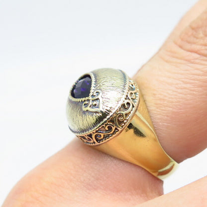 925 Sterling Silver Gold Plated Vintage Real Amethyst Gemstone Domed Ring Size 7