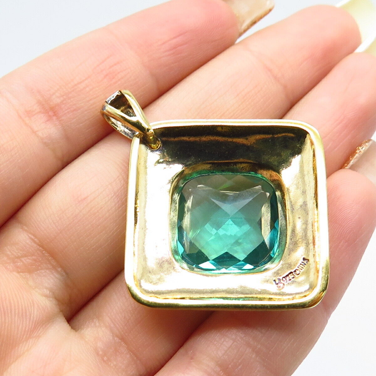 925 Sterling Silver Gold Plated Aquamarine-Tone C Z Hammered Finish Pendant