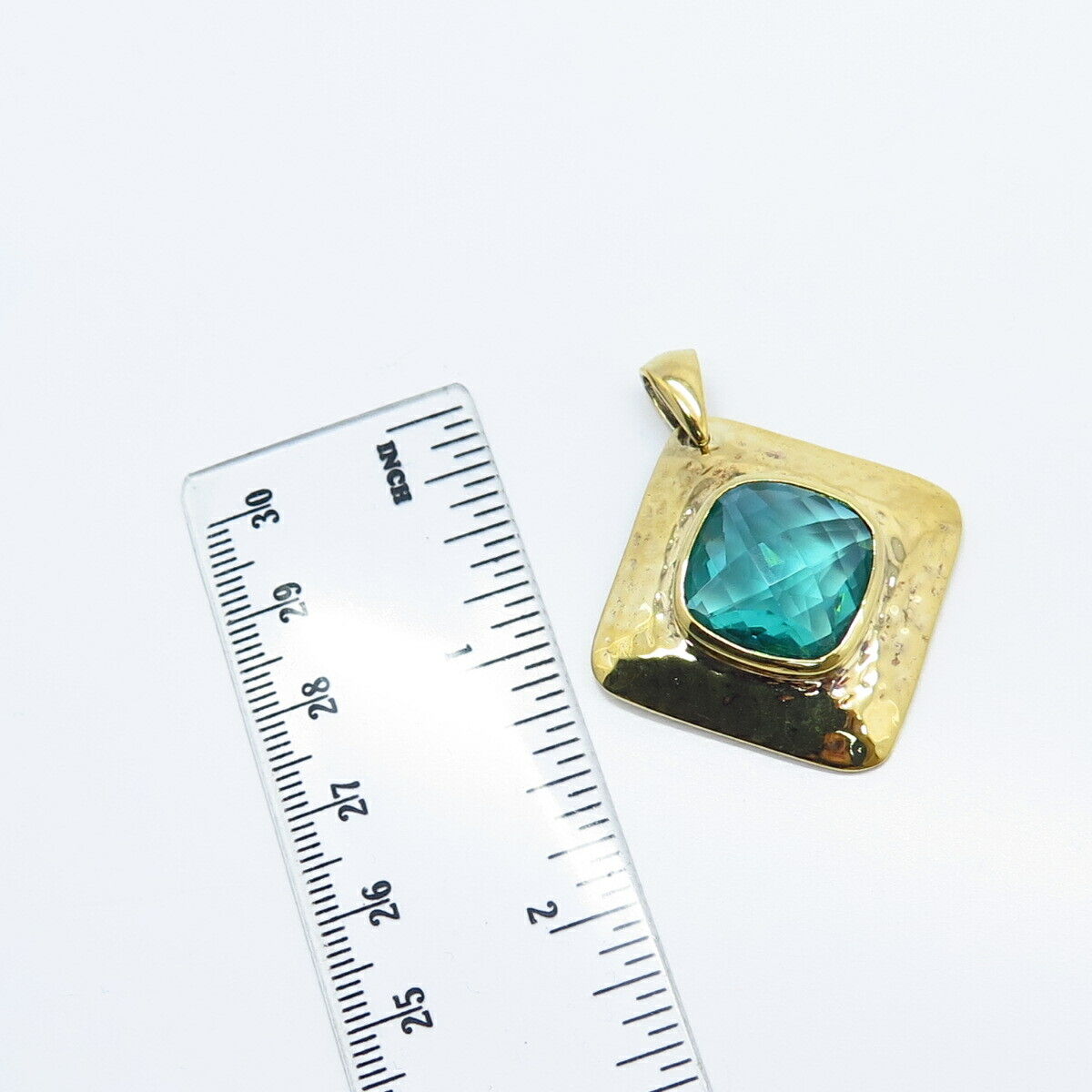 925 Sterling Silver Gold Plated Aquamarine-Tone C Z Hammered Finish Pendant