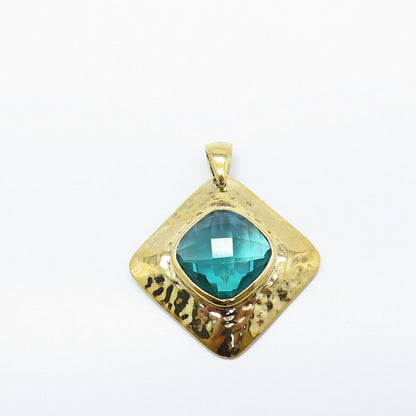 925 Sterling Silver Gold Plated Aquamarine-Tone C Z Hammered Finish Pendant