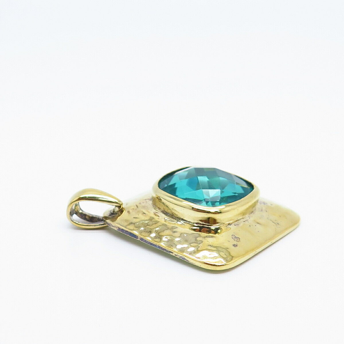 925 Sterling Silver Gold Plated Aquamarine-Tone C Z Hammered Finish Pendant