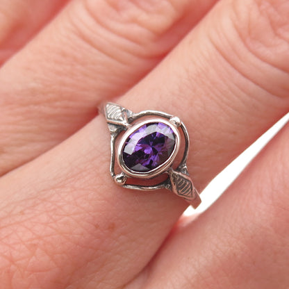 925 Sterling Silver Vintage Real Oval-Cut Amethyst Oxidized Ring Size 7