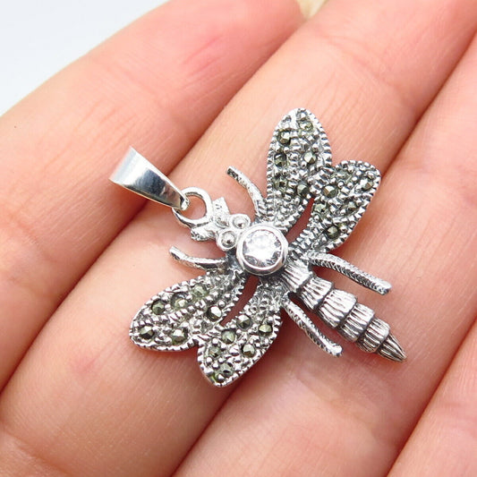 925 Sterling Silver Vintage Real Marcasite Gemstone & C Z Dragonfly Pendant