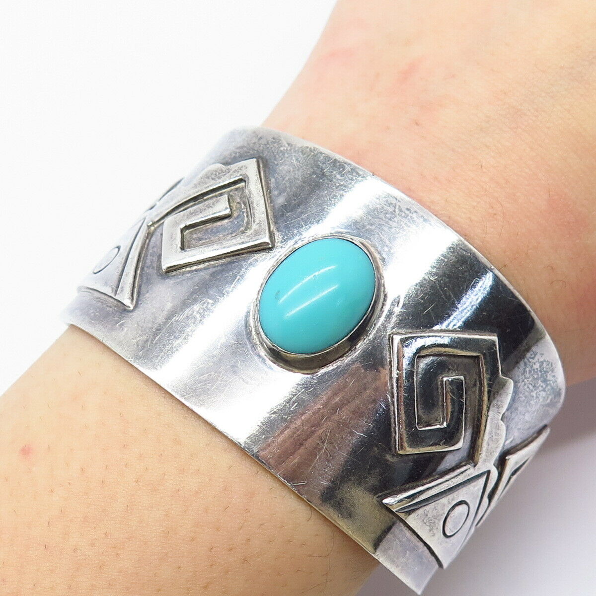 925 Sterling Silver Vintage Mexico Taxco Turquoise Gem Wide Cuff Bracelet 6.5"