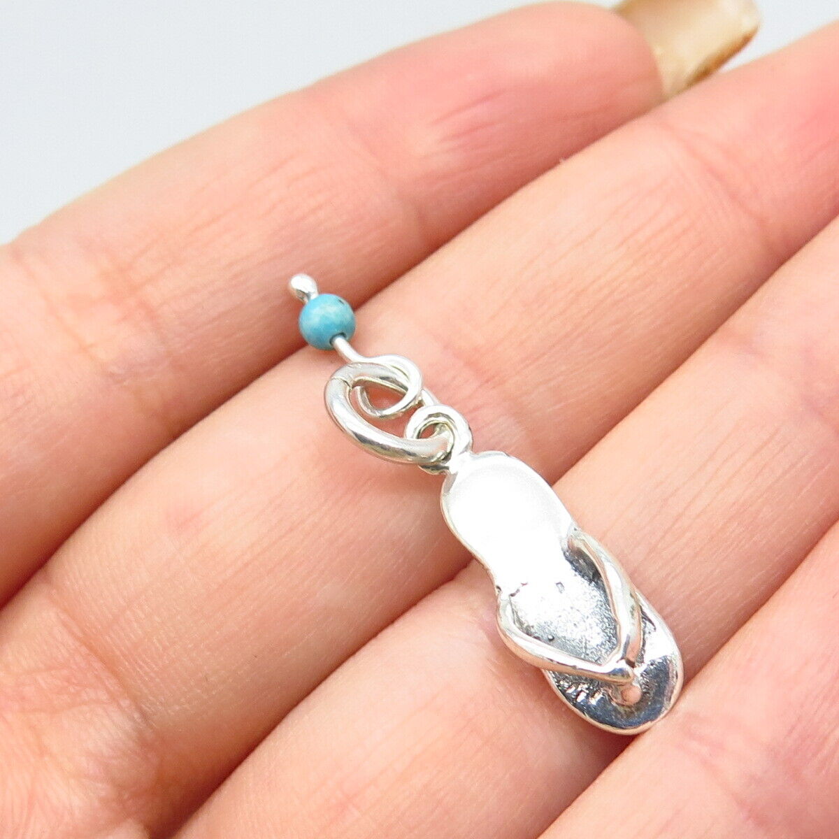 925 Sterling Silver Vintage Real Turquoise Gem Flip Flop Sandal Charm Pendant