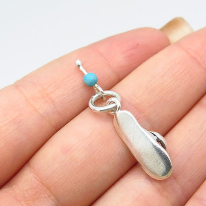 925 Sterling Silver Vintage Real Turquoise Gem Flip Flop Sandal Charm Pendant