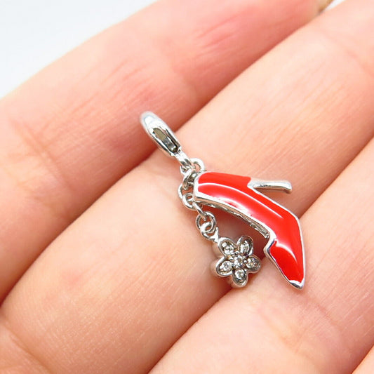 925 Sterling Silver C Z & Enamel High Heels Shoe Floral Charm Pendant