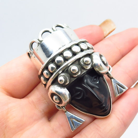 925 Sterling Silver Vintage Mexico Taxco Black Onyx Gem Tribal Face Pin Brooch