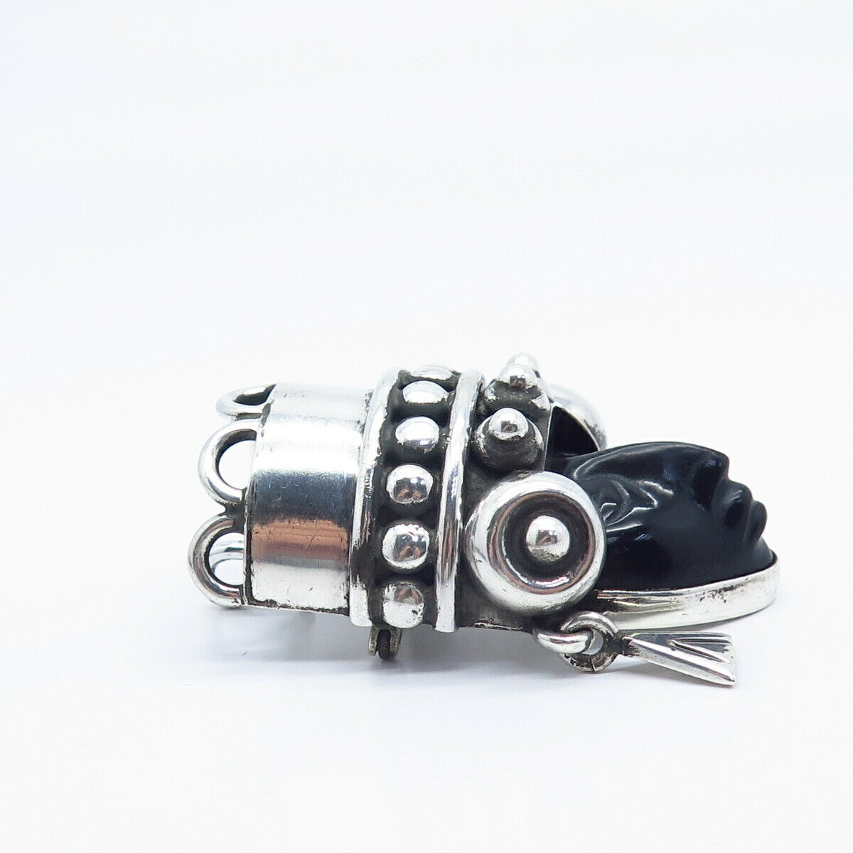 925 Sterling Silver Vintage Mexico Taxco Black Onyx Gem Tribal Face Pin Brooch