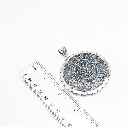 925 Sterling Silver Vintage Ornate Floral Large Pendant