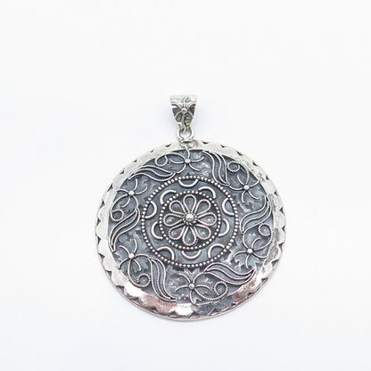 925 Sterling Silver Vintage Ornate Floral Large Pendant