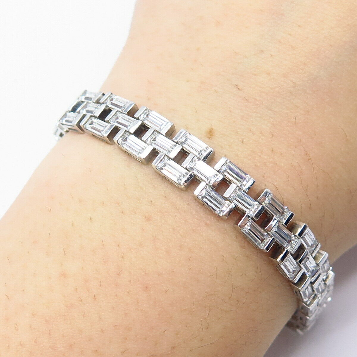 925 Sterling Silver C Z Panel Link Bracelet 7.75"