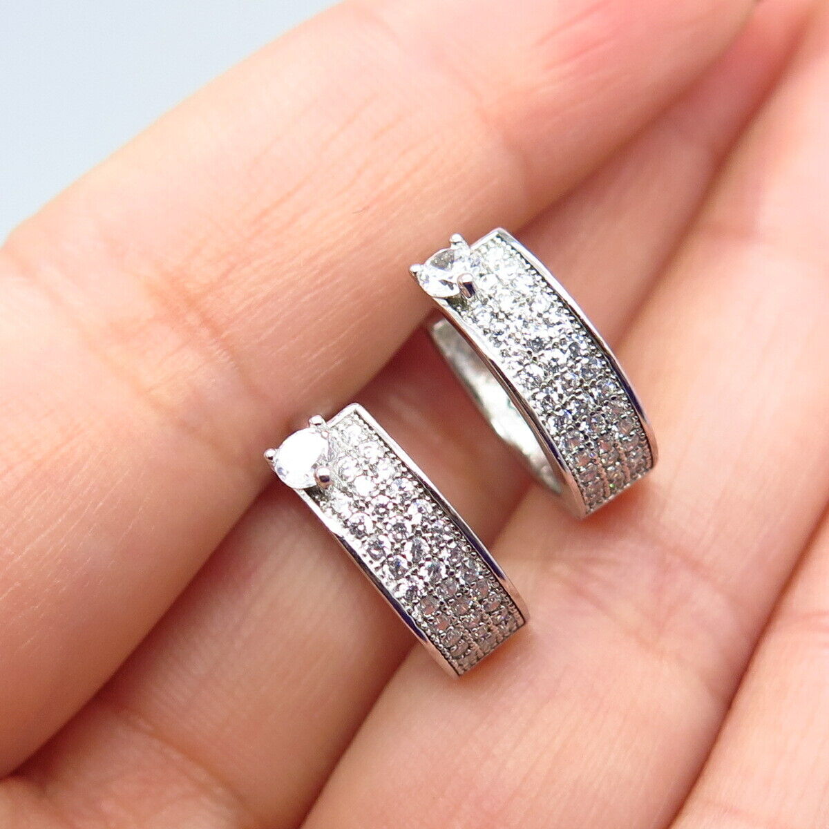 925 Sterling Silver Pave C Z Hoop Earrings