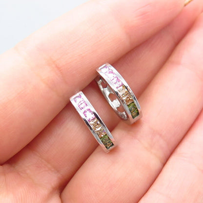 925 Sterling Silver Multi-Color C Z Hoop Earrings