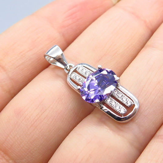 925 Sterling Silver White & Amethyst-Tone C Z Pendant