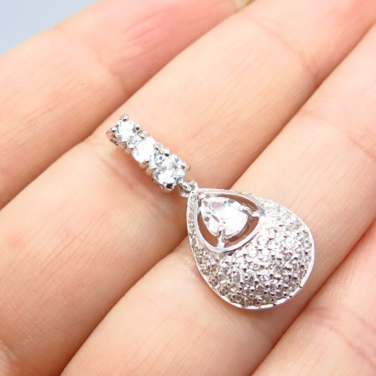 925 Sterling Silver Pave C Z Drop Pendant