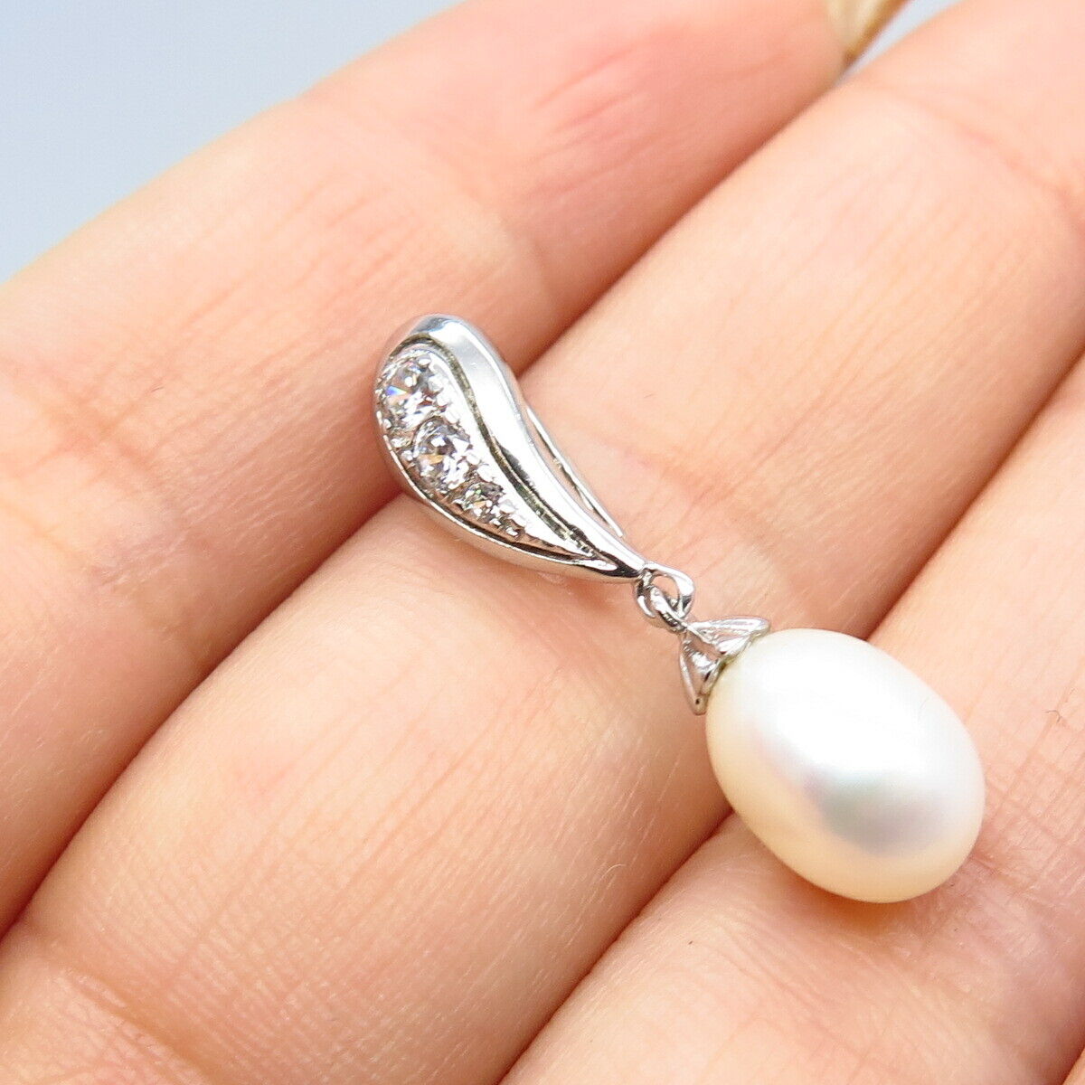 925 Sterling Silver Real Pearl & C Z Slide Pendant