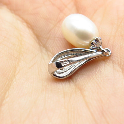 925 Sterling Silver Real Pearl & C Z Slide Pendant