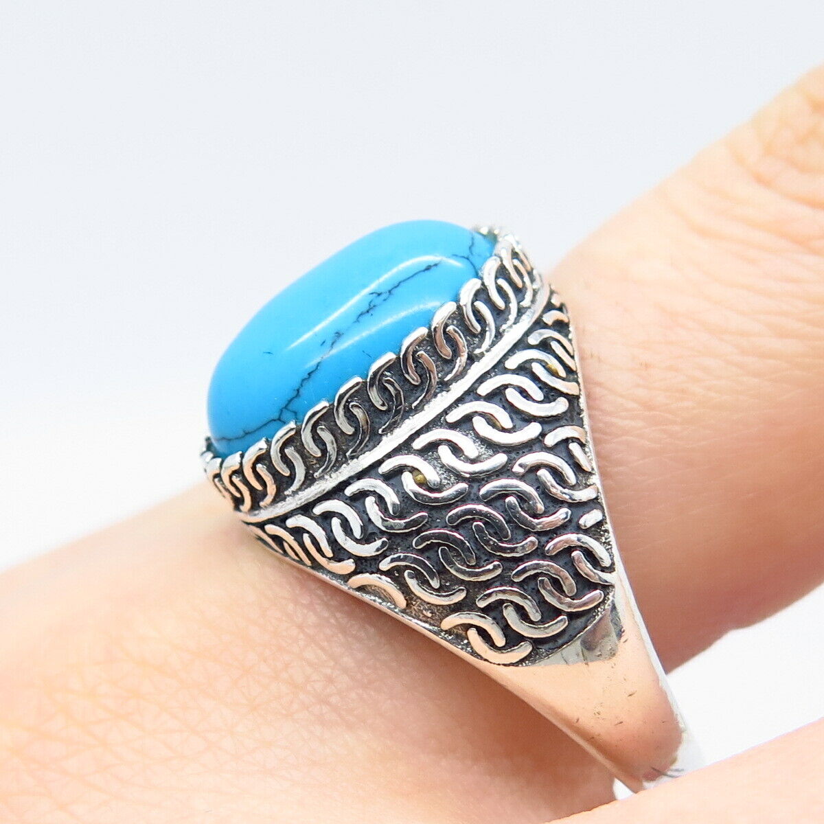 925 Sterling Silver Vintage Faux Turquoise Braided Ring Size 12