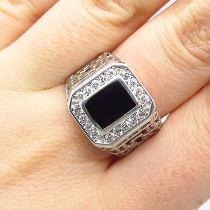 925 Sterling Silver Real Black Onyx Gemstone & C Z Ornate Ring Size 8.75