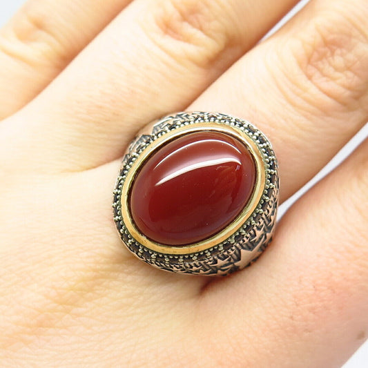 925 Sterling Silver 2-Tone Vintage Carnelian & Melanite Gemstone Ring Size 11.25