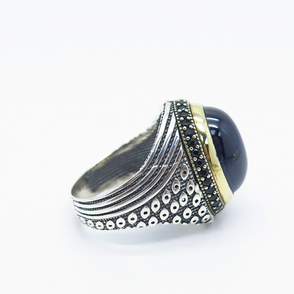 925 Sterling Silver 2-Tone Vintage Melanite Gem & Blue Glass Ring Size 10.25