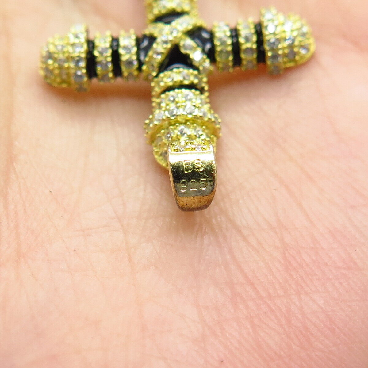 925 Sterling Silver Gold Plated C Z & Enamel Cross Pendant