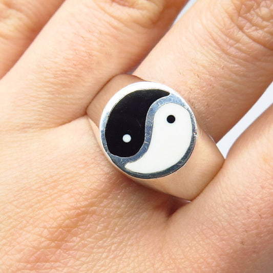 925 Sterling Silver Vintage Colorful Enamel Yin Yang Ring Size 13